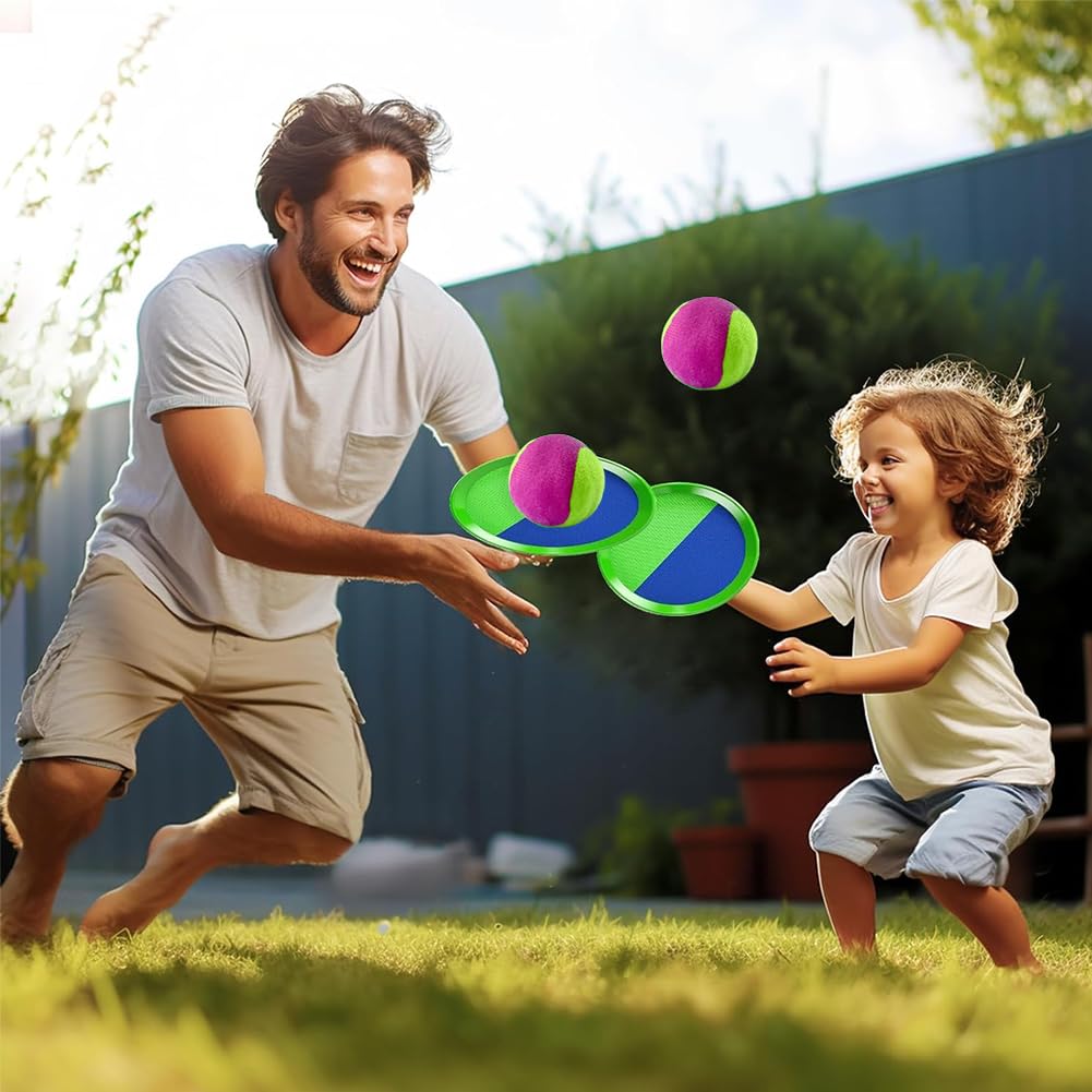 Klettballspiel Wurfspiel Kinder, Klettball Strandspielzeug mit 2 Fangscheiben + 2 Bällen für Kinderspiele Wurfspiel Garten Ballspiel, Sandspielzeug ab 3 Jahre, Outdoor Spiele für Kinder Erwachsene