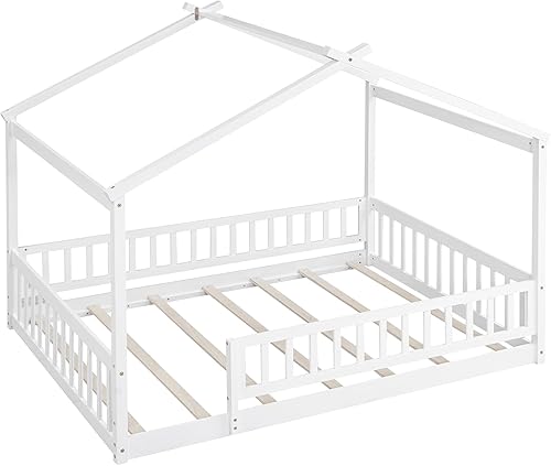 Miniatura 6 de Harper & Bright Designs Cama de casa matrimonial con rieles, cama de piso completo para niños, marco de cama Montessori de tamaño matrimonial con