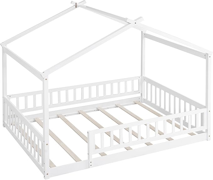 Cama de Piso de Madera Moderna con Valla y Techo, Tamaño Full miniatura 5