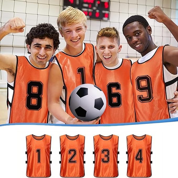 Chasubles de Football pour Adultes et Jeunes, Pack de 24 Chasubles de Training en Maille, Maillots Numérotés pour l'Entraînement de Soccer, Basketball, Football, Volleyball - Orange & Vert