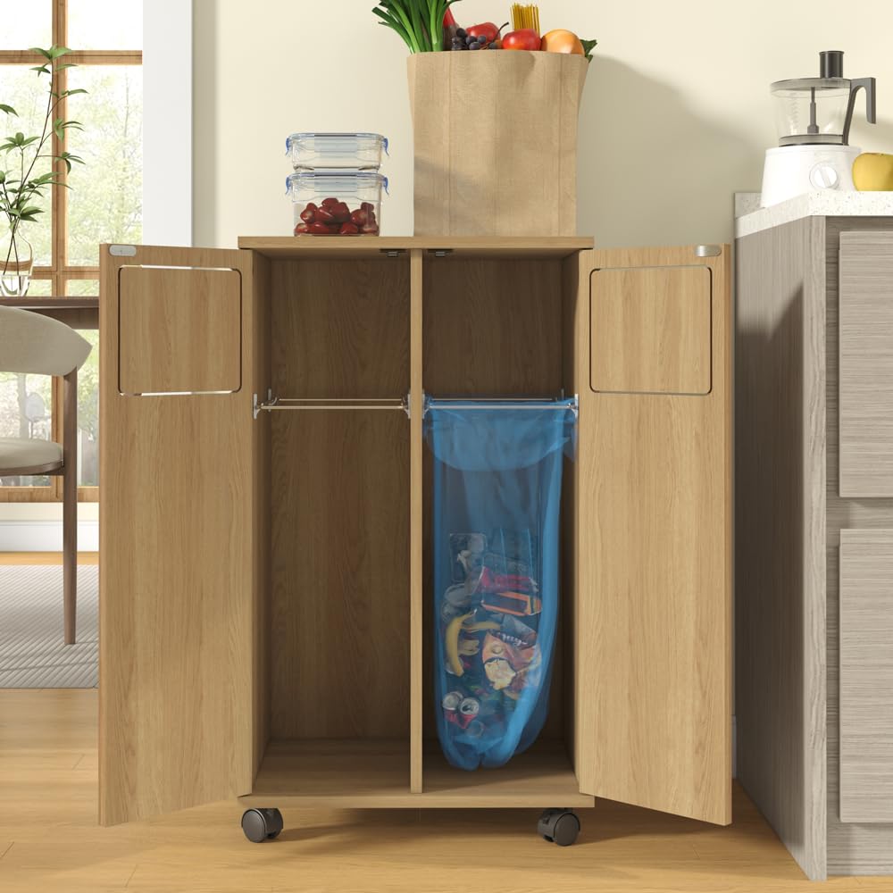 Mülleimer Schrank Küche, Mülleimer mit Rollen, Küchenschrank mit Mülltrennsystem, Mülltrennsystem 2 fach, Univeralschrank in Hellholz-Optik, Recyclingschrank (Naturholzfarbe, 46,7x35x80cm)