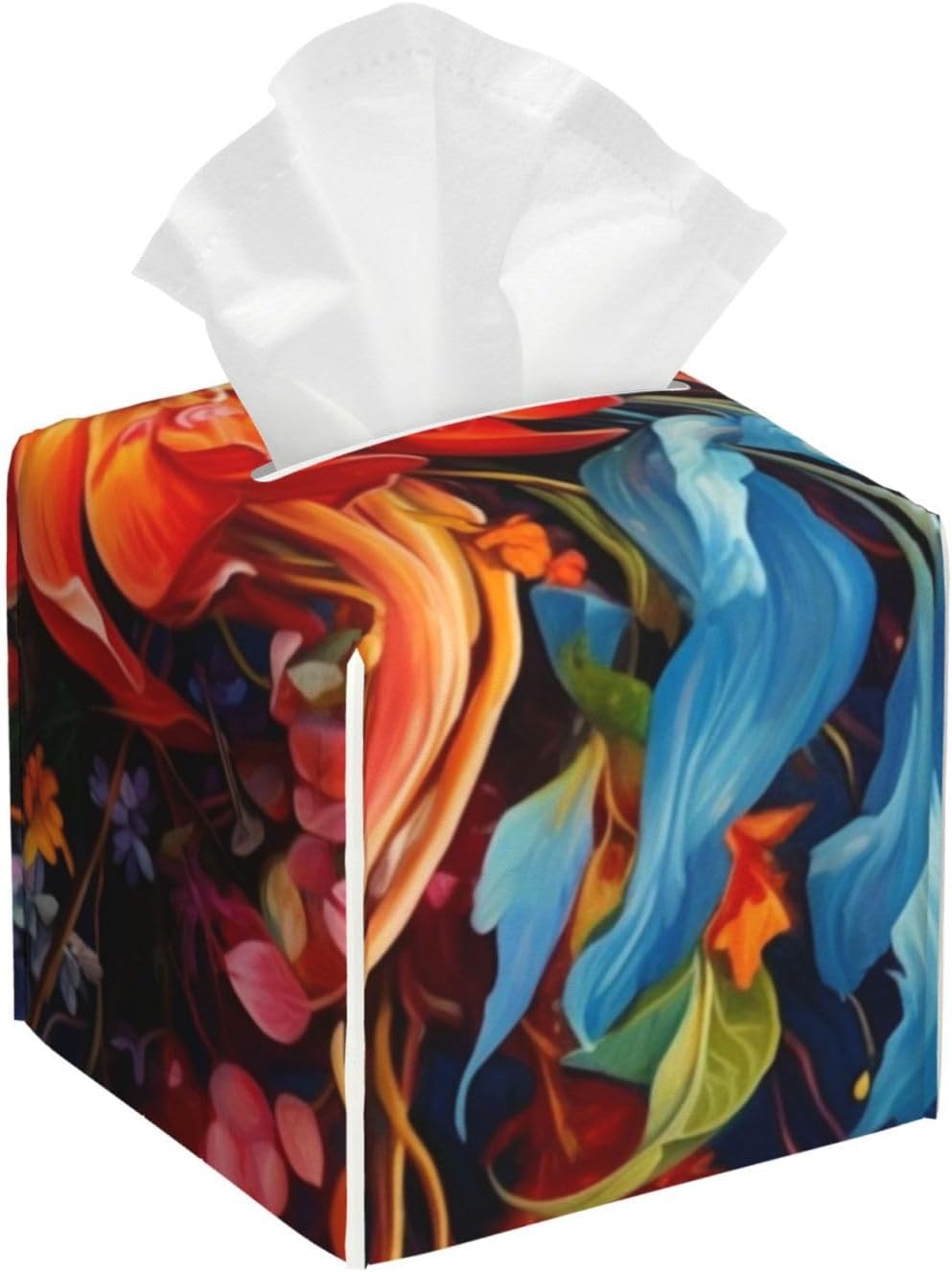 Colorful Flowers - Square Tissue Box Cover, Leather Tissues Cube Box Holder, Box Tissue Dispenser Decor Accessories for Bathroom,NightStand,Desk, Home,Office