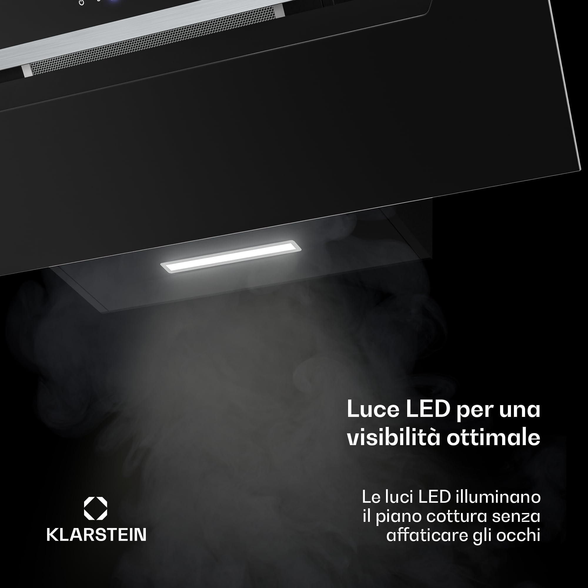 Klarstein BigBite Cappe Inclinate 90cm - Cappa Angolare, 417 m³/h Boost, Touch, LED, A+++, 3 Velocità, Filtro Carbone, Scarico & Ricircolo, Design Vetro, Cappa Cucina Moderna, Nero