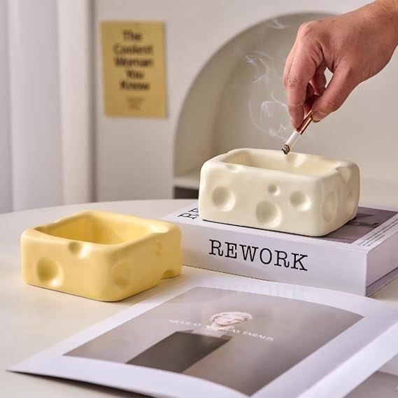 Creative Cheese Ashtray, High-End Ceramic Ashtray, Strong Decorative, Easy to Clean, Suitable for Home Use(Yellow,11.3 * 11.3 * 5CM)