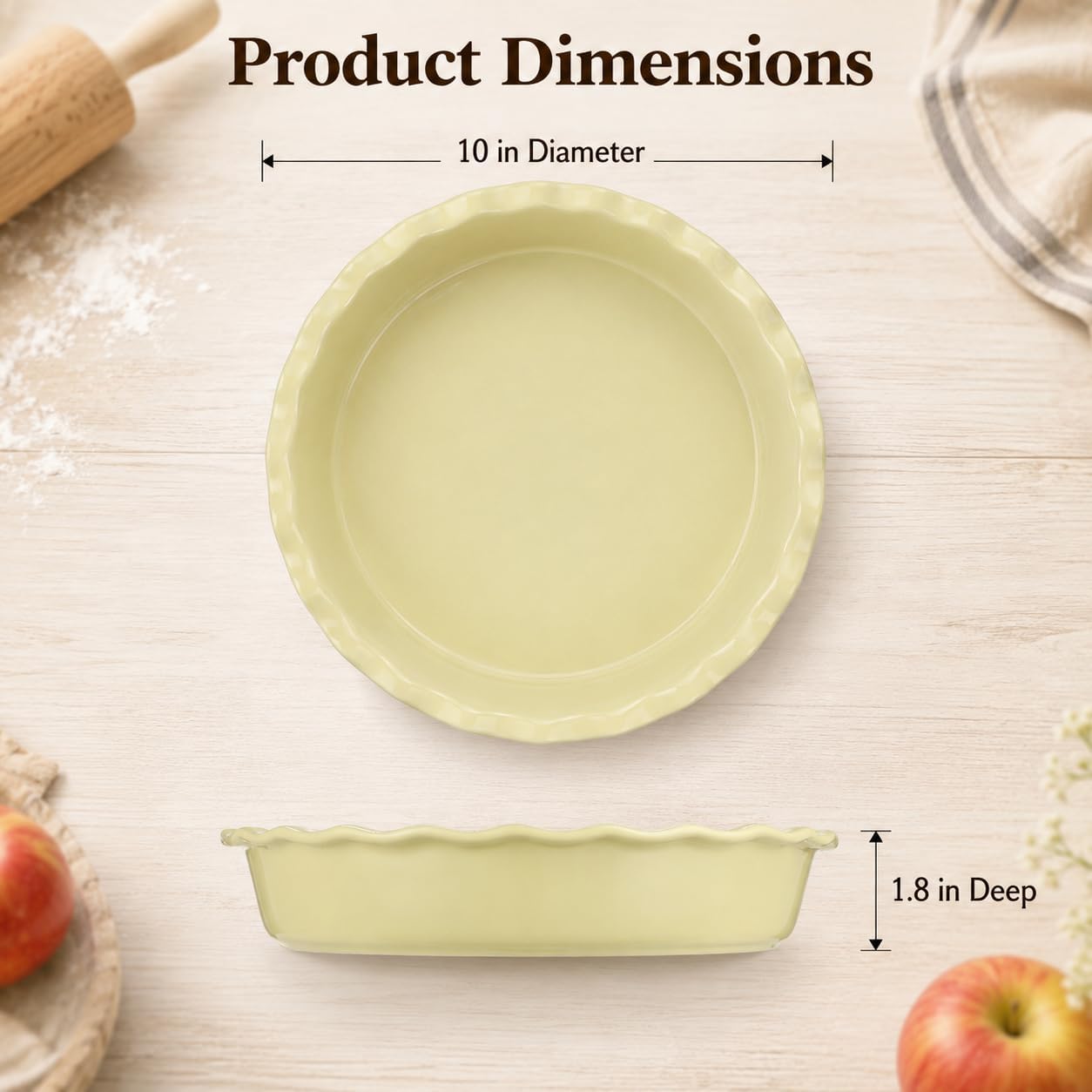 10" Ceramic Pie Pan for Baking, Deep Dish Pie Plate with Ruffled Edge, Round Non-Stick Baking Dish for Apple Pies, Tarts & Quiches, Oven Safe