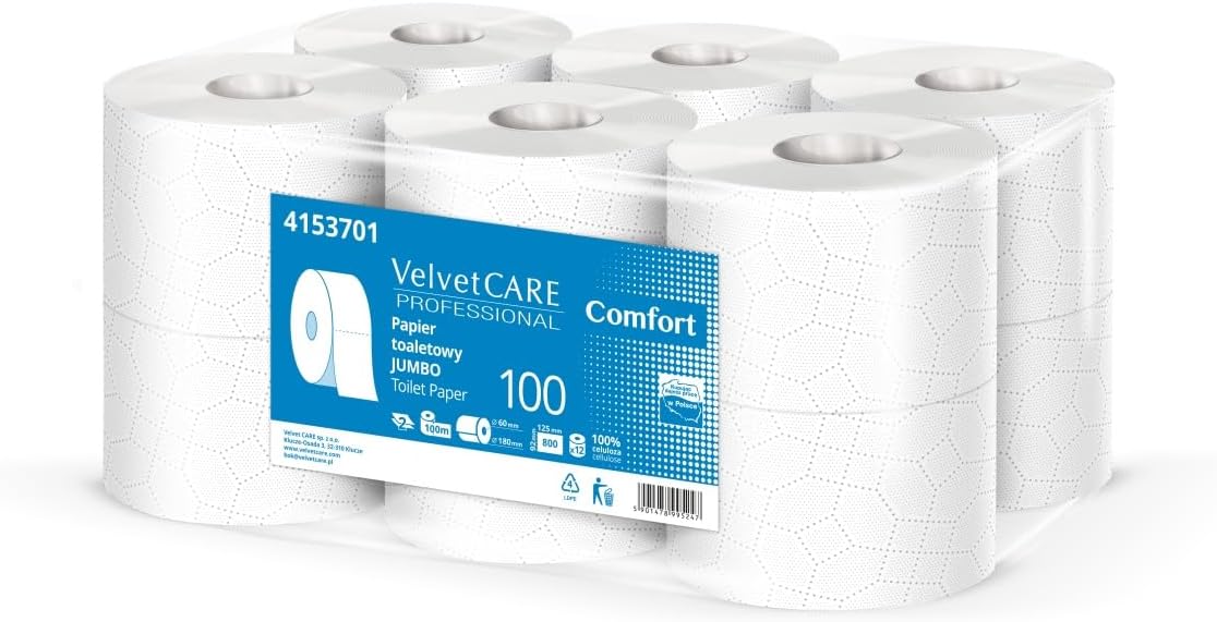 VELVET Toilet Paper Jumbo Cellulose Professional/Hygiene Paper 2-Ply 800 Sheets 100 m Pack of 12 White Toilet Paper