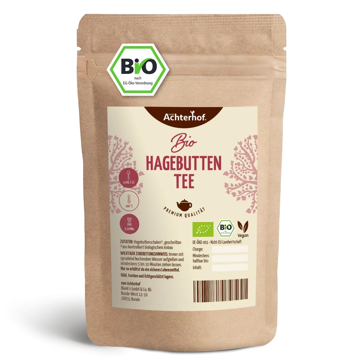 Hagebuttentee BIO lose 500g | Hagebuttenschalen geschnitten | fruchtiges, süß-würziges Aroma | höchste Bio-Qualität | Hagebutten Tee | vom Achterhof