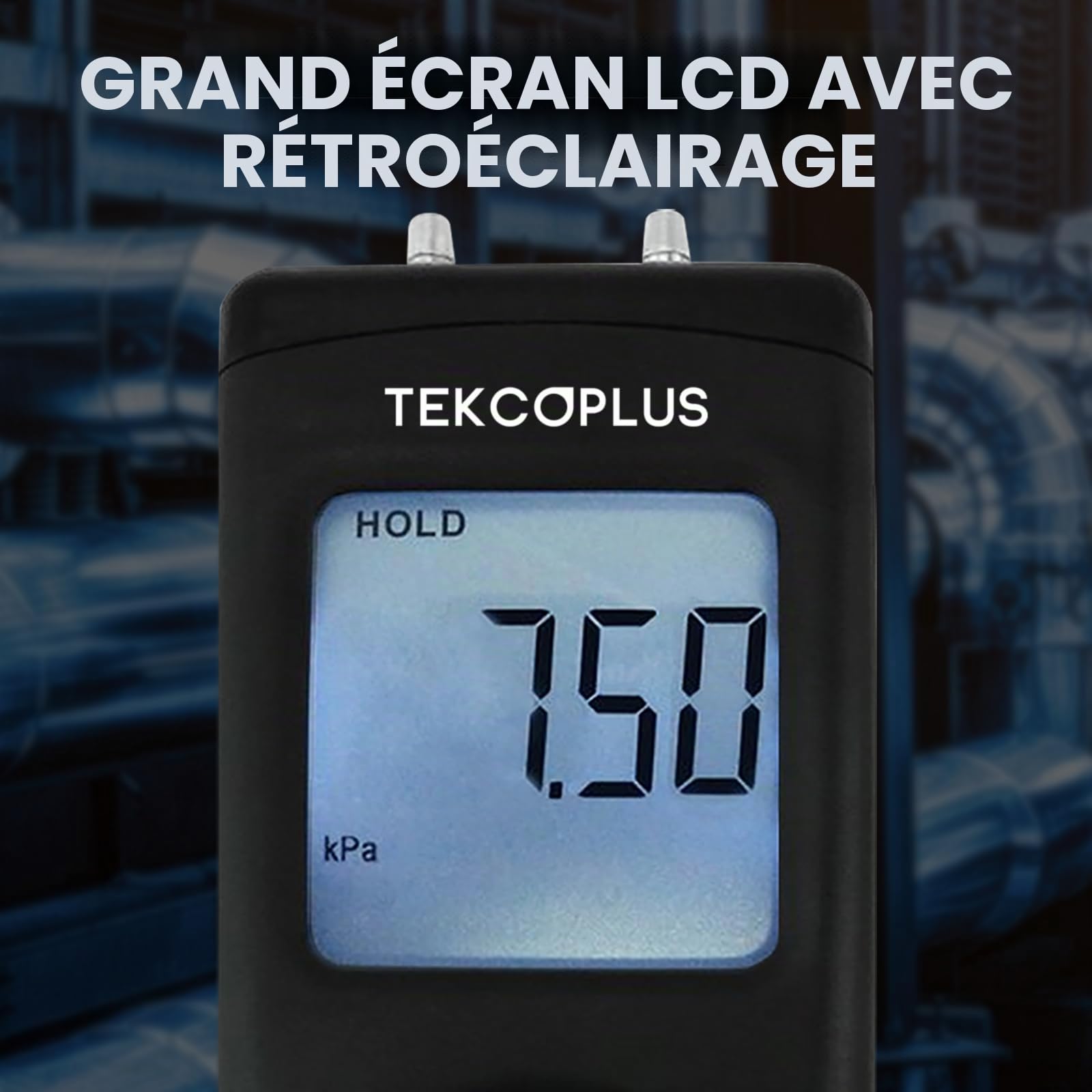 Manomètre, Testeur de Pression du Gaz à Double Port, Manomètre Numérique Professionnel pour HVAC, Mesureur de Pression de l'Air, Manomètre Différentiel avec Écran LCD Rétroéclairé, Tuyau de Rallonge