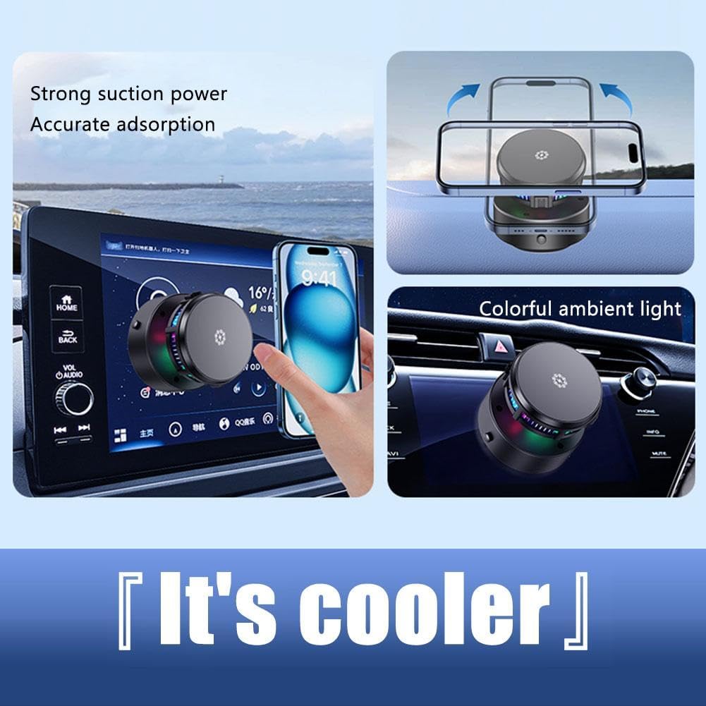 15W Wireless Charge 360°rotatable Vacuum car Holder 2-in-1 with RGB Semiconduct Radiator for magsafe Magnetic car Mount Vacuum Phone Holder