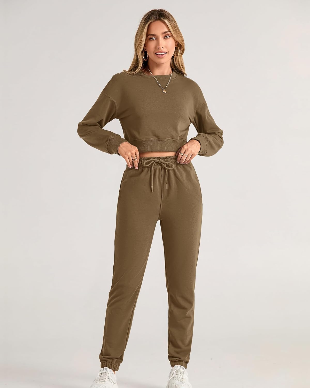 BTFBM Women 2 Piece Outfits Long Sleeve Crop Top Pullover Drawstring Pant Jogger Set Casual Sweatsuits Tracksuit Pockets - Image 3