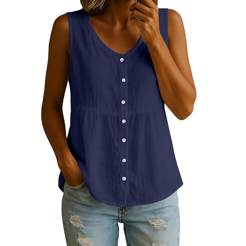 Beessbest Cotton Linen Tank Tops for Women Empire Waist Button Down Blouses V Neck Peplum Tops Casual Sleeveless T-Shirt