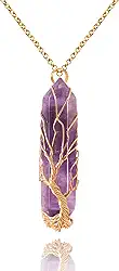 Colar de cristal curativo, árvore da vida, envolto em arame, ametista natural, pingente de pedra, colar hexagonal Reiki, joia de quartzo espiritual, joia de pedra preciosa para homens e mulheres