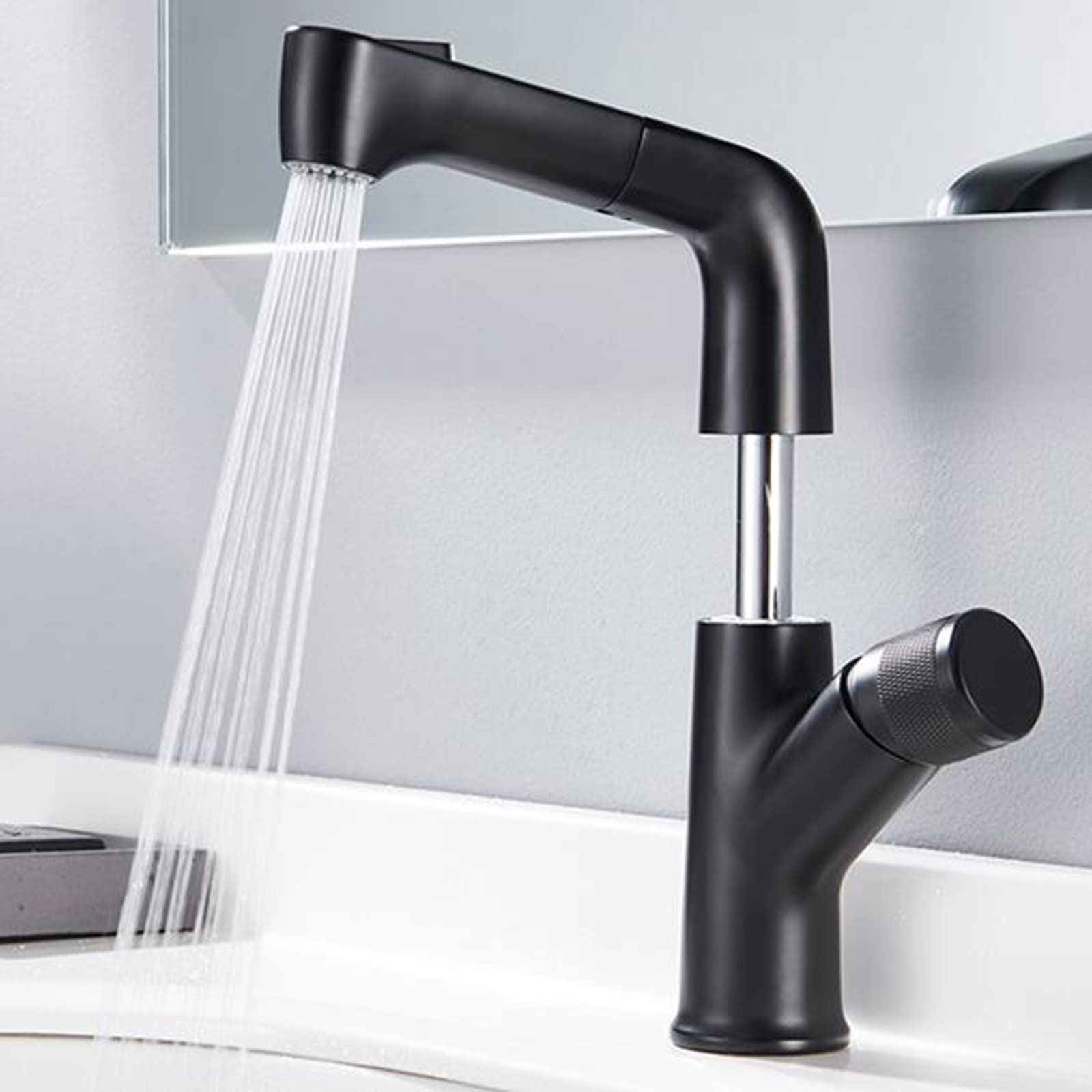 Grifo de lavabo monomando blanco con manguera extraíble y sistema giratorio de latón para baño 7
