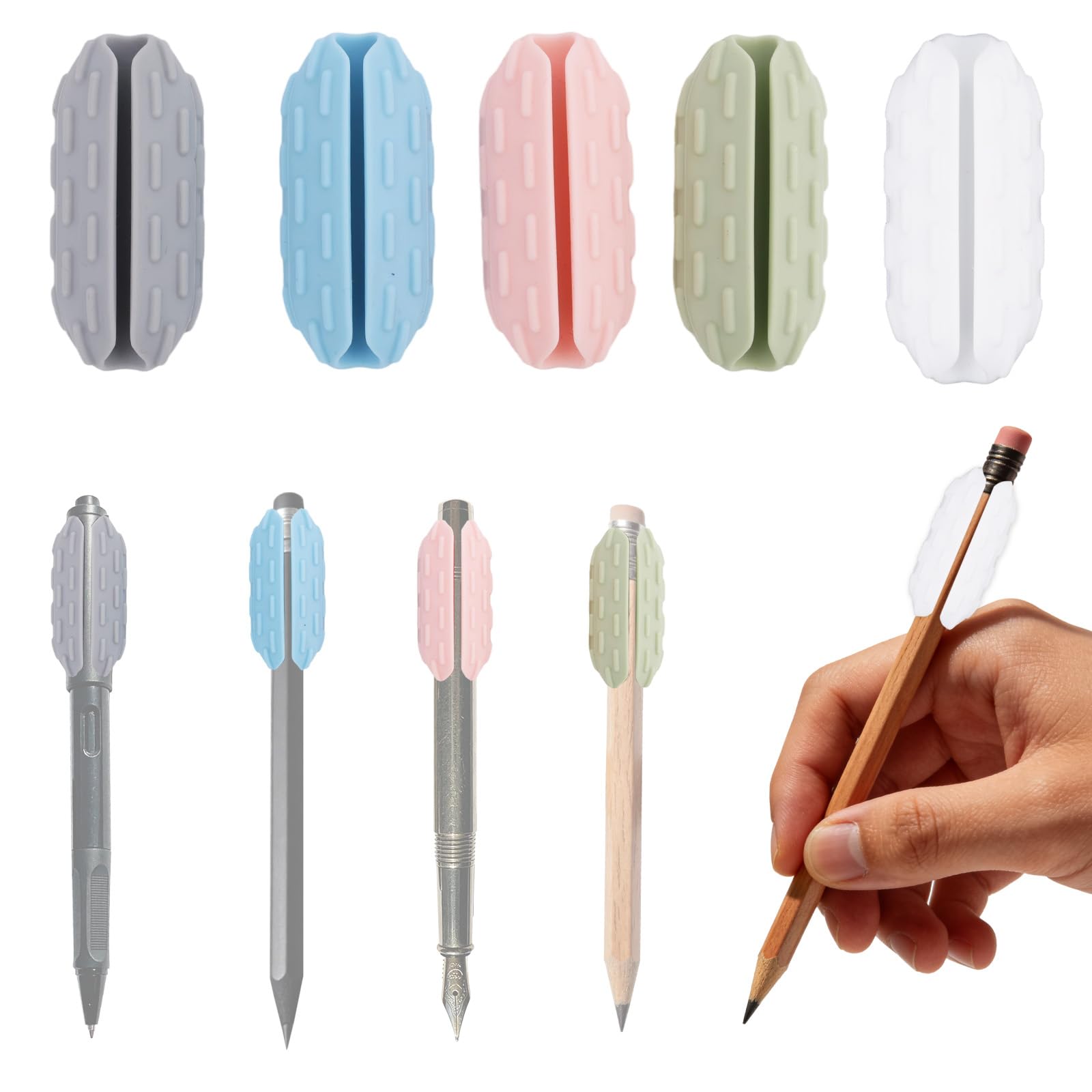 5 Pack Weighted Pencil Grips, Silicone Handwriting Aid for Kids Elderly & Special Needs Adjustable Pen Grips to Improve Penmanship for Tremors Fine Motor Skills, Fits 7-14mm Pens (5 Colors)