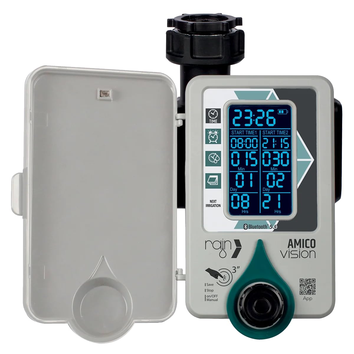 Amico Vision Centralina Smart per Irrigazione, Bluetooth 5.0, Display LCD, Programmabile, Ricaricabile USB, per Terrazzi e Balconi