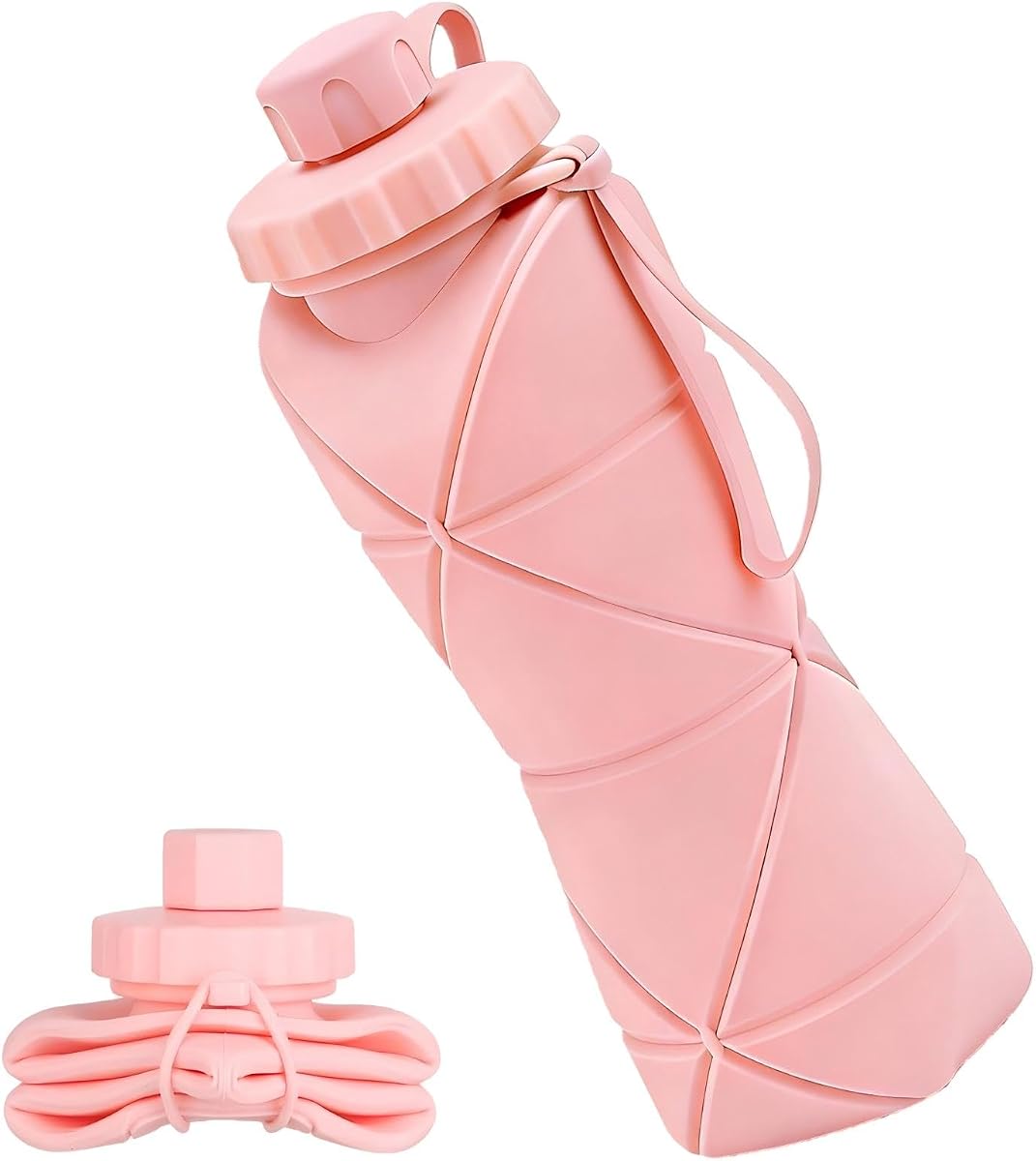 Botellas de agua plegables de 20 oz (600 ml), botella de agua reutilizable, liviana, portátil, de silicona sin BPA, con tapa a prueba de fugas y cordón para viajes al aire libre, ciclismo, gimnasio y camping
