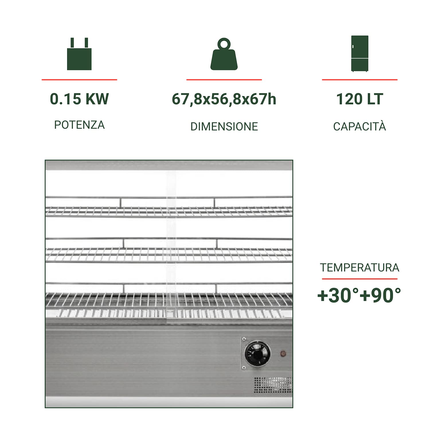 Ristoattrezzature Vetrina Calda - da Banco - Vetro Dritto - 4 Lati in Vetro - +30 / +90 °C - 120 Litri - 67,8x56,8x67h cm