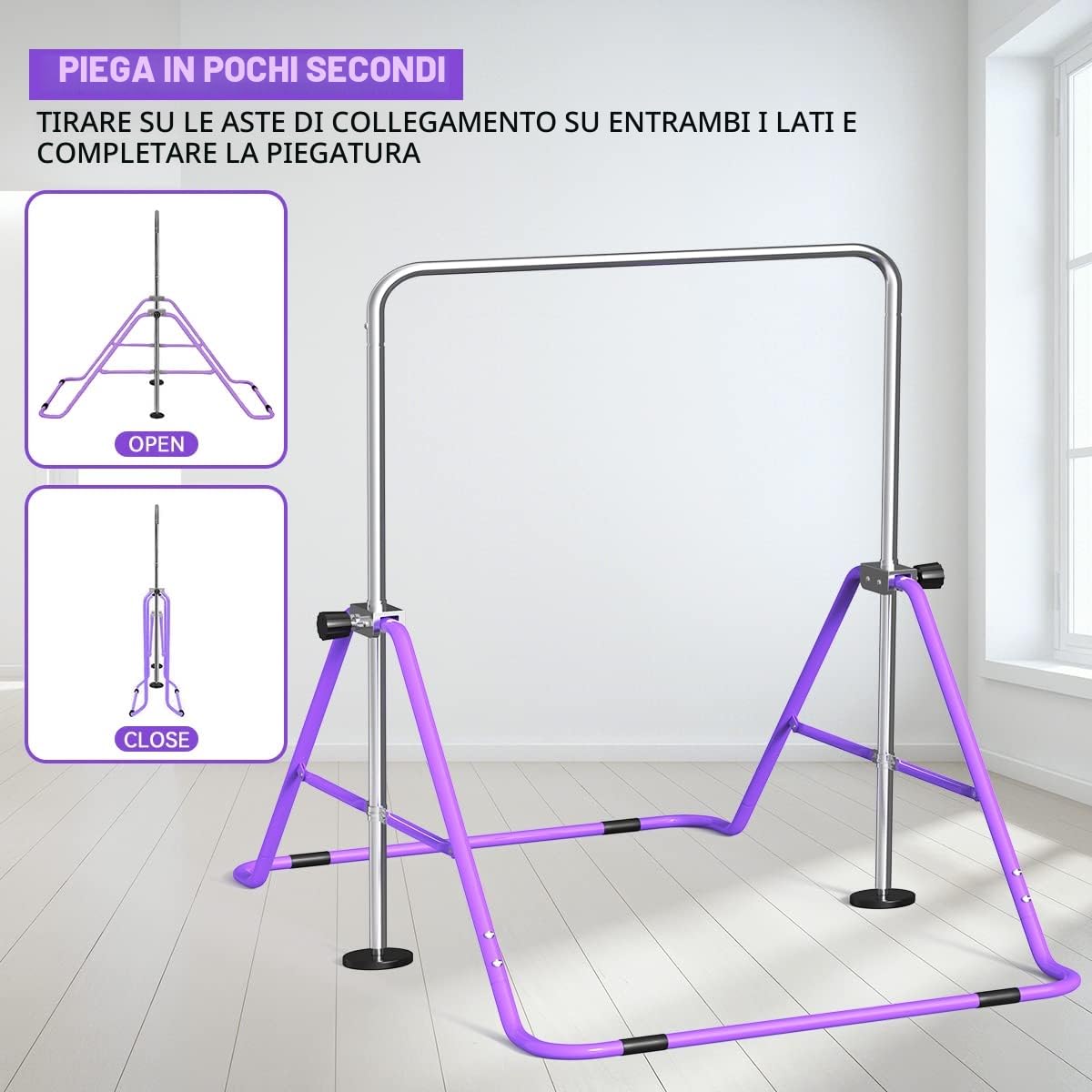 FBSPORT Barra da Ginnastica per Bambini con Altezza Regolabile Anelli Pieghevole Regolabile Espandibile Parallele Ginnastica Artistica, Ideale per Casa Junior