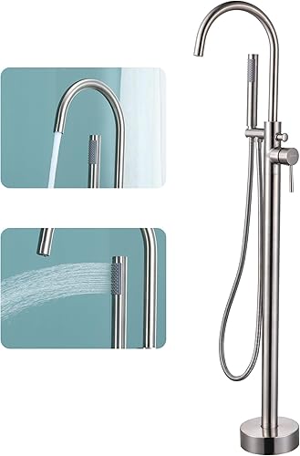 Grifo de bañera independiente moderno de níquel cepillado con ducha de mano, manguera de ducha de 59 pulgadas, montaje en el suelo, relleno de