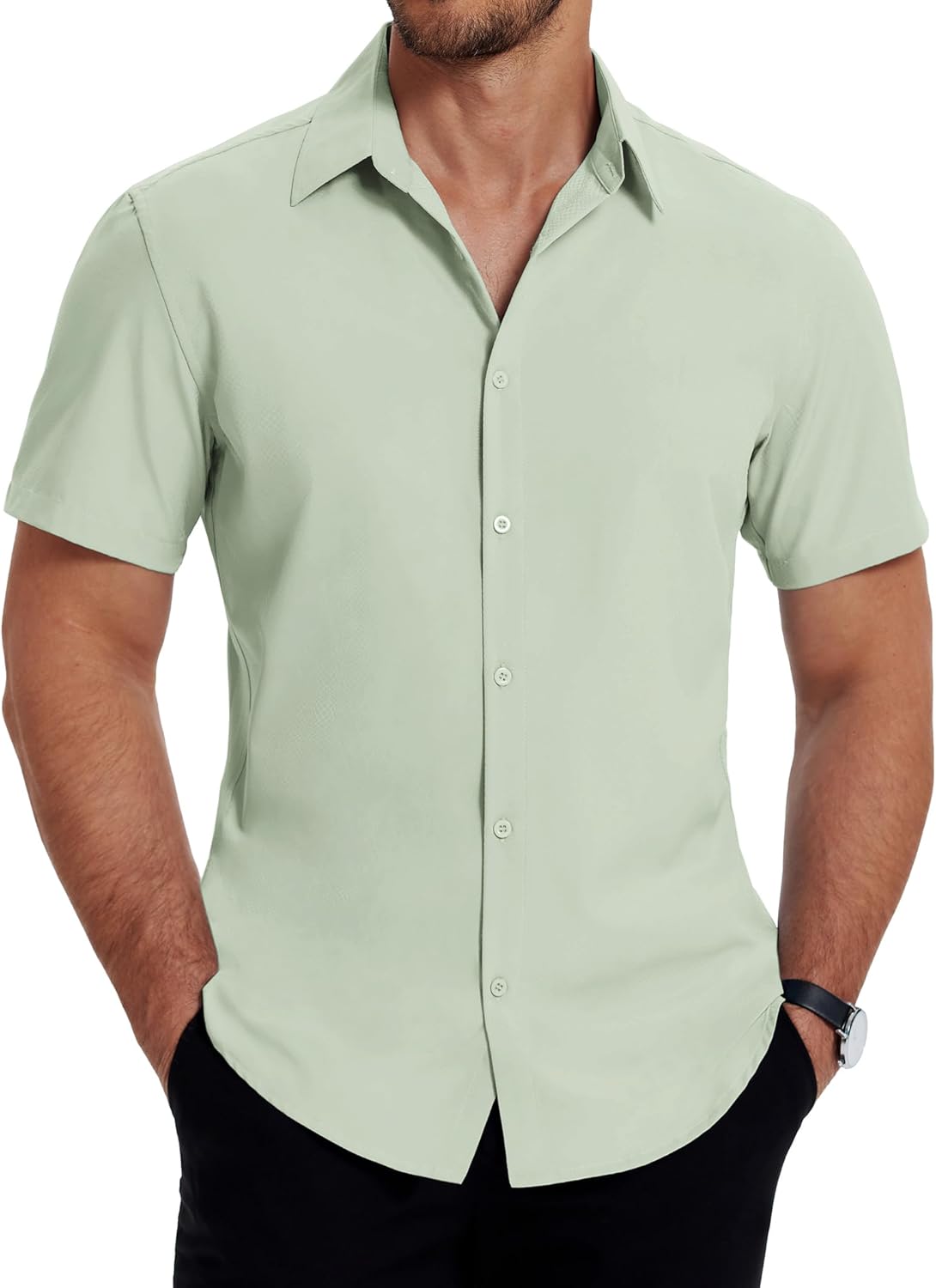 (Size 3XL) COOFANDY Men's Dress Shirts Stain Shield Short Sleeve Button Down Shirts Summer Wrinkle Free Business Casual Shirt Light Green 3X-Large