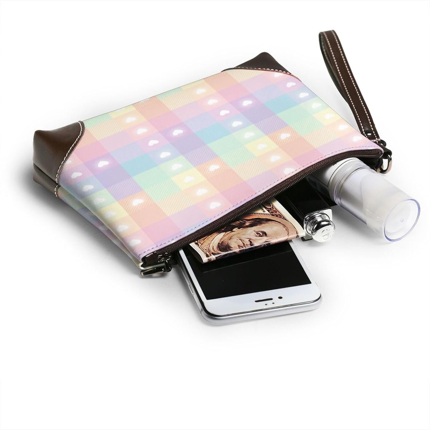Wristlet Purses for Women, Genuine Leather Clutch Wallet Handbags | Smooth Zipper, Rainbow Plaid