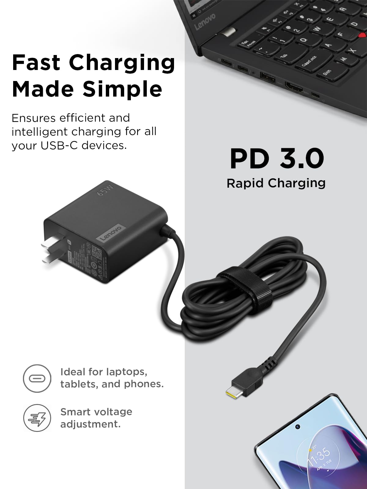 Amazon.com: Lenovo USB-C 65W Wall Charger - PD 3.0 - Power Adapter