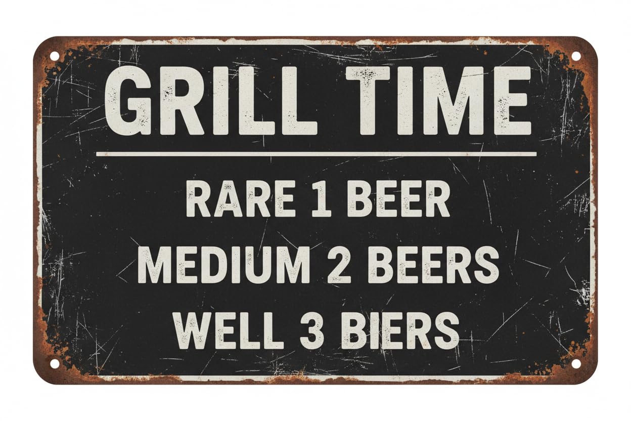 Grill Time Medium 2 Beers Funny Tin Sign, 8x12 Inch