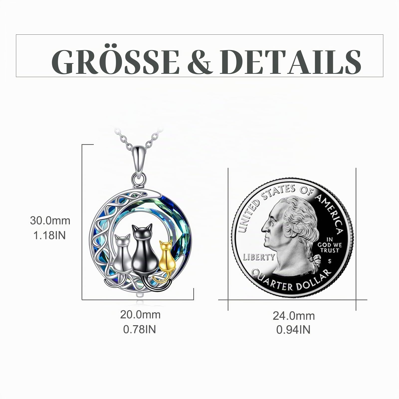 POPLYKE Katze Halskette Sterling Silber Schwarzer/Weiß Herz/Mond/Mondstein/Kristall Irischer Schmuck Geschenke für Frauen