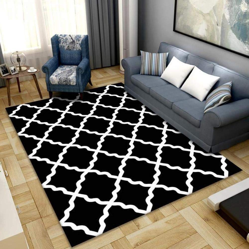 White lines on black Soft Non Shed Easy Clean Shaggy Rugs, Affordable living room carpet, 120X160cm (47X63inch)