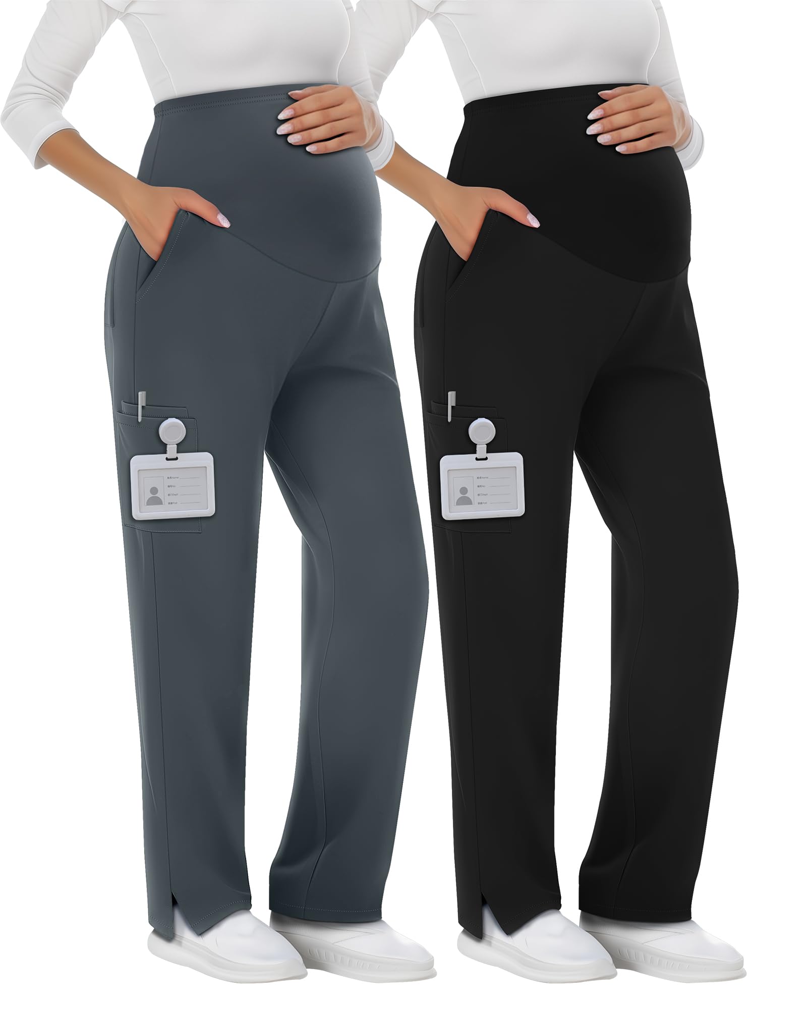 2 Pack Womens Maternity Scrubs Pants with 6 Pockets Pregnancy Workwear Stretchy Straight Leg Cargo Trousers Black Dark