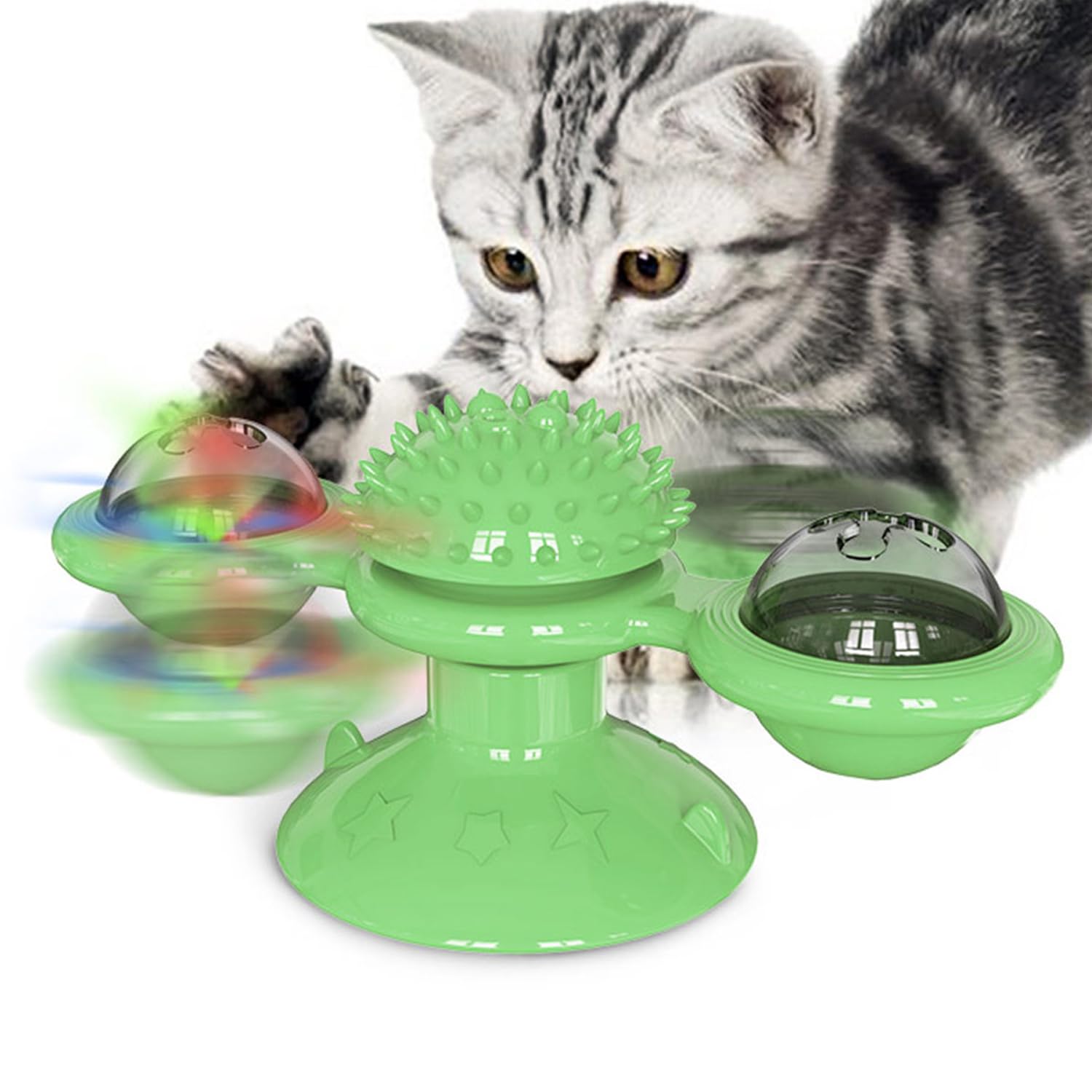 Giocattolo interattivo per gatti, girevole, multifunzione, per interni, massaggi, con erba gatta, palla e ventosa, design sicuro e durevole (verde)