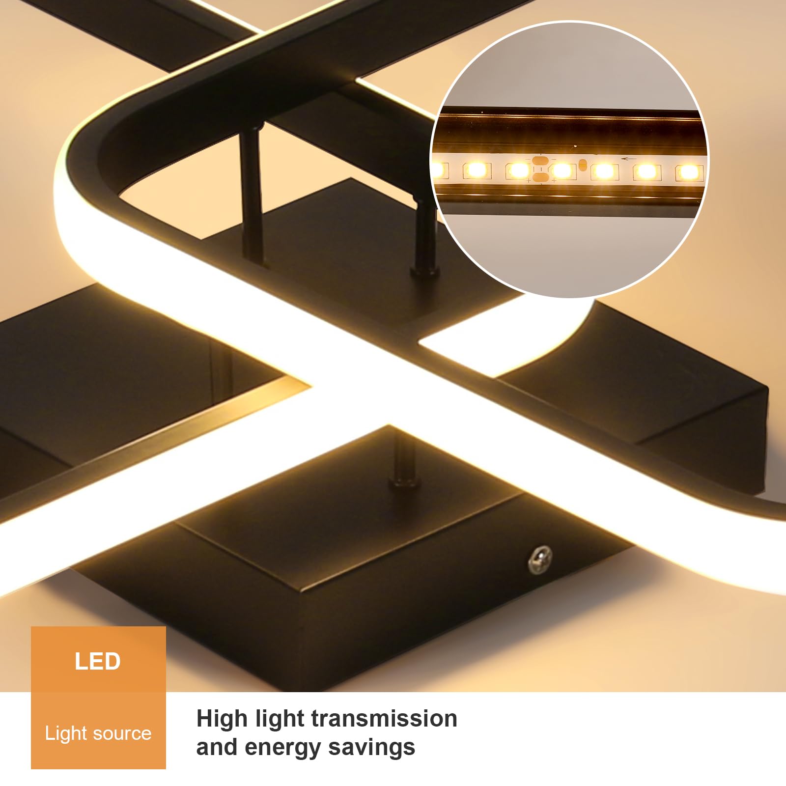 Osairous Plafoniera LED Soffitto 42W 4725LM, Lampada da Soffitto Quadrata Moderna 64CM, Plafoniera Soggiorno in Acrilico per Camera da Letto Cucina Studio Ufficio, Luce Calda 3000K, Nera