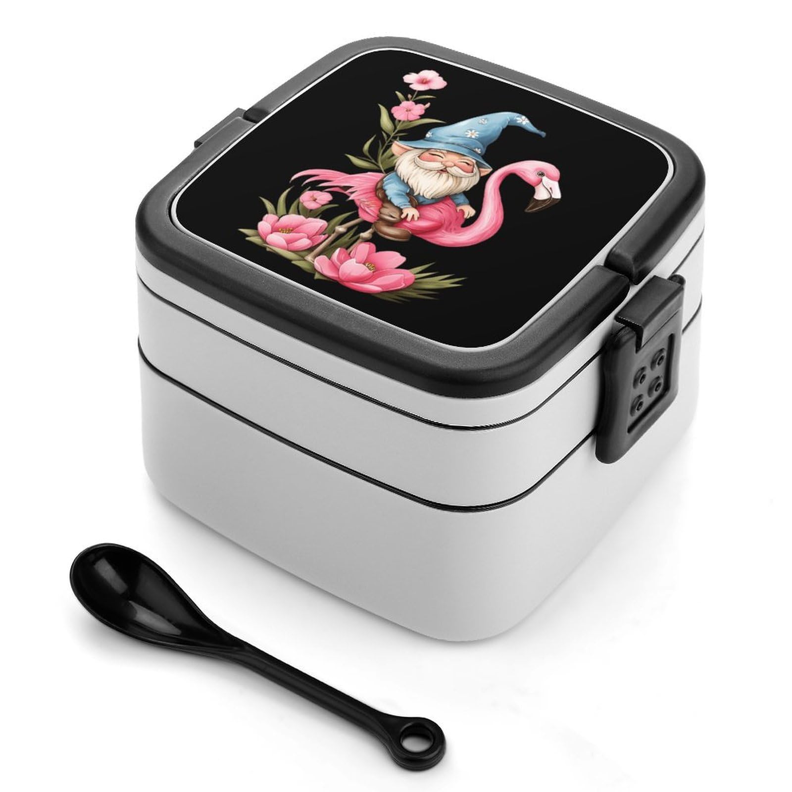CGSBNGHA Gnome Is Riding Flamingo Bento Lunch Box 2 Layer Lunchbox Food Container for Adults Office