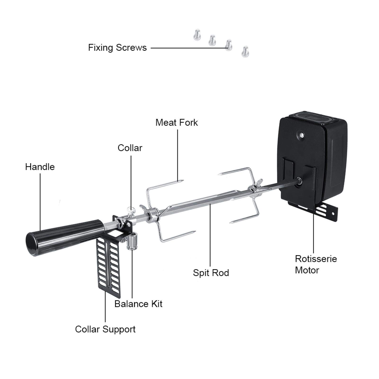 Kit girarrosto in Acciaio Inox con Motore, Kit girarrosto Completo per Barbecue Forchette per Carne con spiedo per Barbecue per Barbecue Griglia a Gas