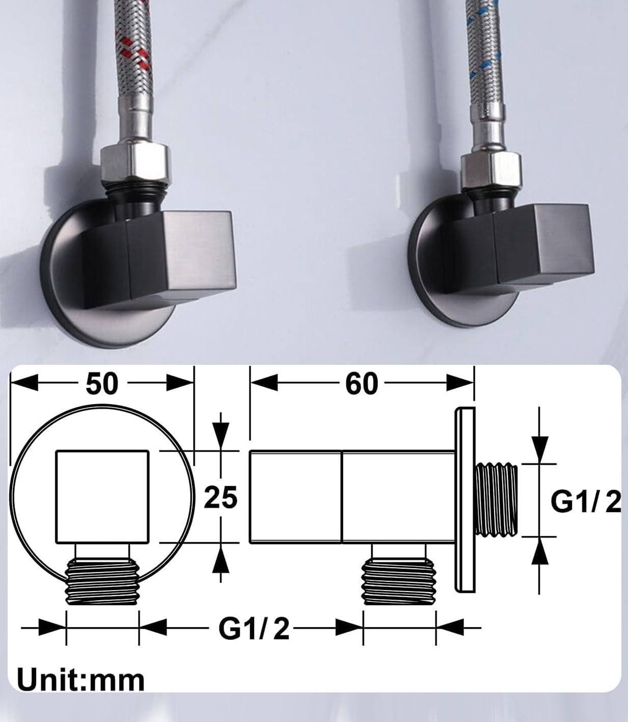 Billg Llave de Escuadra, 2 Piezas Válvula de Parada en Ángulo de Grifo de 2 Ángulos, Valvula de Angulo para Cocina Casera, se Abren y Cierran con Solo 1/4 de Vuelta, 1/2" - 3/8"