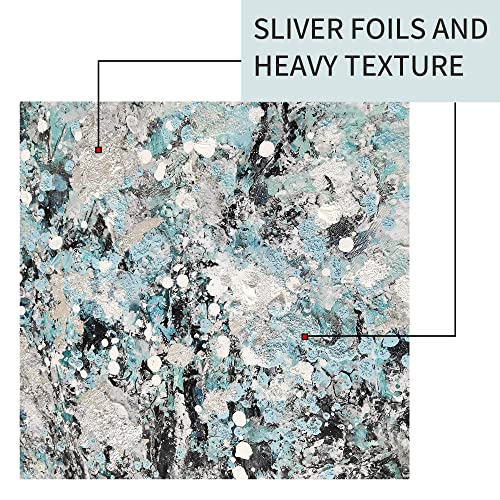 Abstract Canvas Framed Wall Art: Large 3 Pieces Teal Blooming Tree Painting Navy Blue Modern Landscape Picture Prints Contemporary Forest Hand Painted Glitter Silver Foil Artwork For Living Room #TOP2