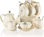 Sweejar Porcelain Tea Sets British Royal Series, 8 Oz Cups & Saucer Service for 6, with Teapot Sugar Bowl Cream Pitcher Teaspoons and Tea Strainer for Tea/Coffee (White)