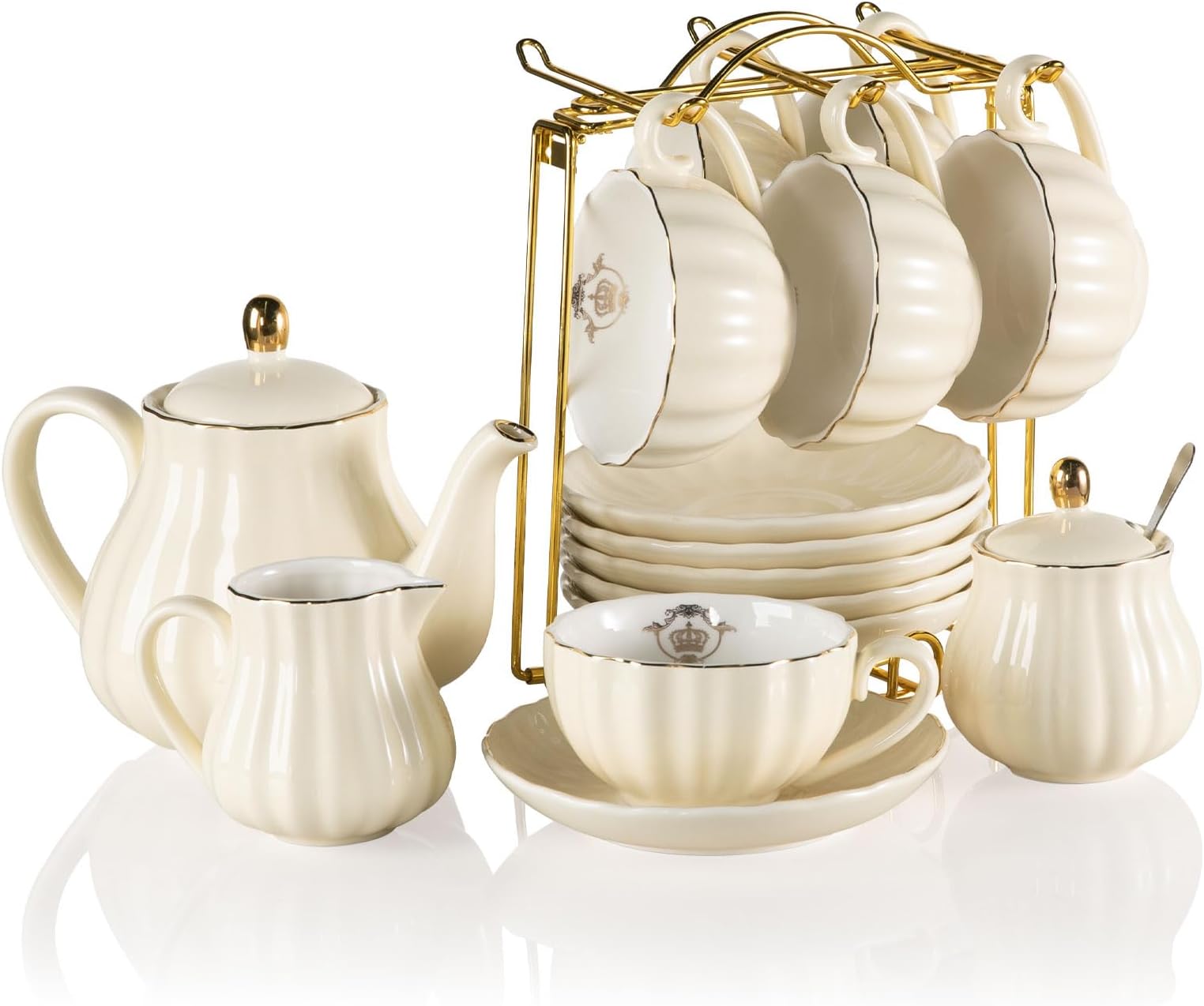 Sweejar Porcelain Tea Sets British Royal Series, 8 OZ Cups & Saucer Service for 6, with Teapot Sugar Bowl Cream Pitcher Teaspoons and Tea Strainer, Suitable for High Tea, Wedding, Party（Beige）