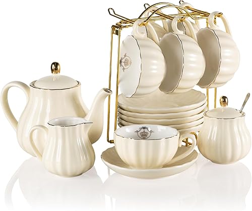 Sweejar Juegos de Té de Porcelana Serie British Royal, Tazas y Platillos de 8 OZ para Servicio de 6, con Tetera Azucarero Jarra de Crema Cucharitas