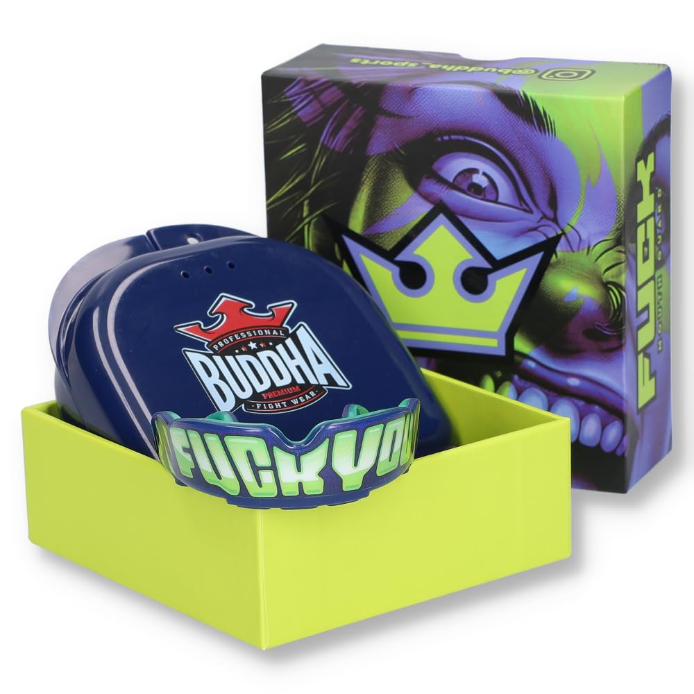 BUDDHA FIGHT WEAR Protector bucal Premium adultos y niños +12 Años para deportes de contacto rugby MMA kickboxing judo hockey boxeo Azul-Amarillo