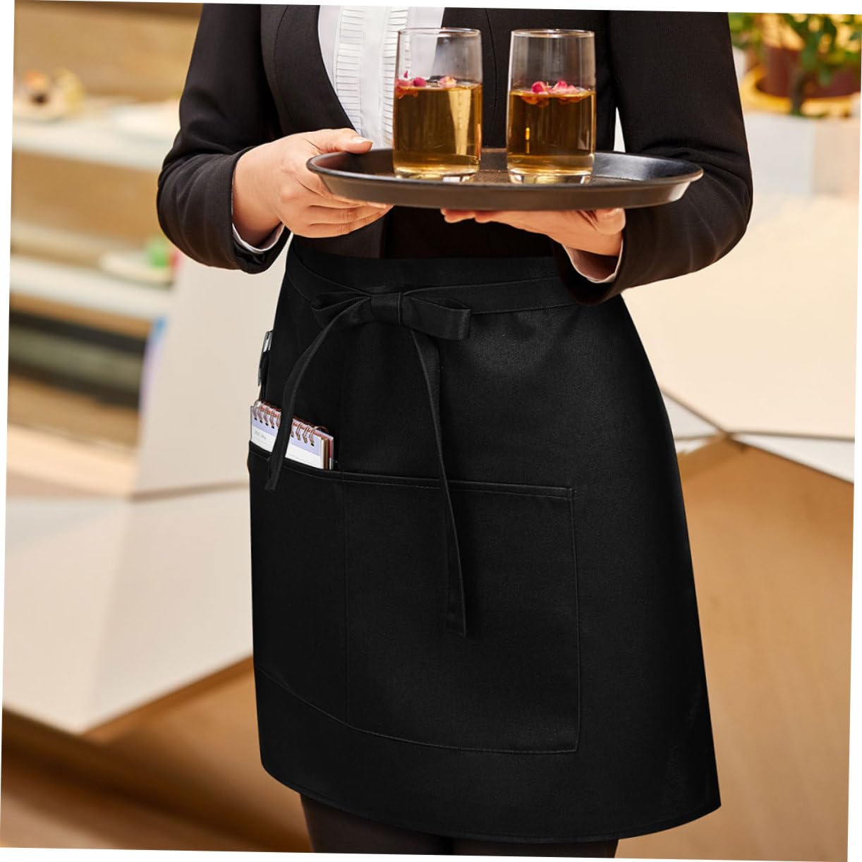 Mikikit 5piezas Delantal para Meseros con Bolsillos para Herramientas Correa Larga Cintura para Cafeterías y Bares Corto y Funcional