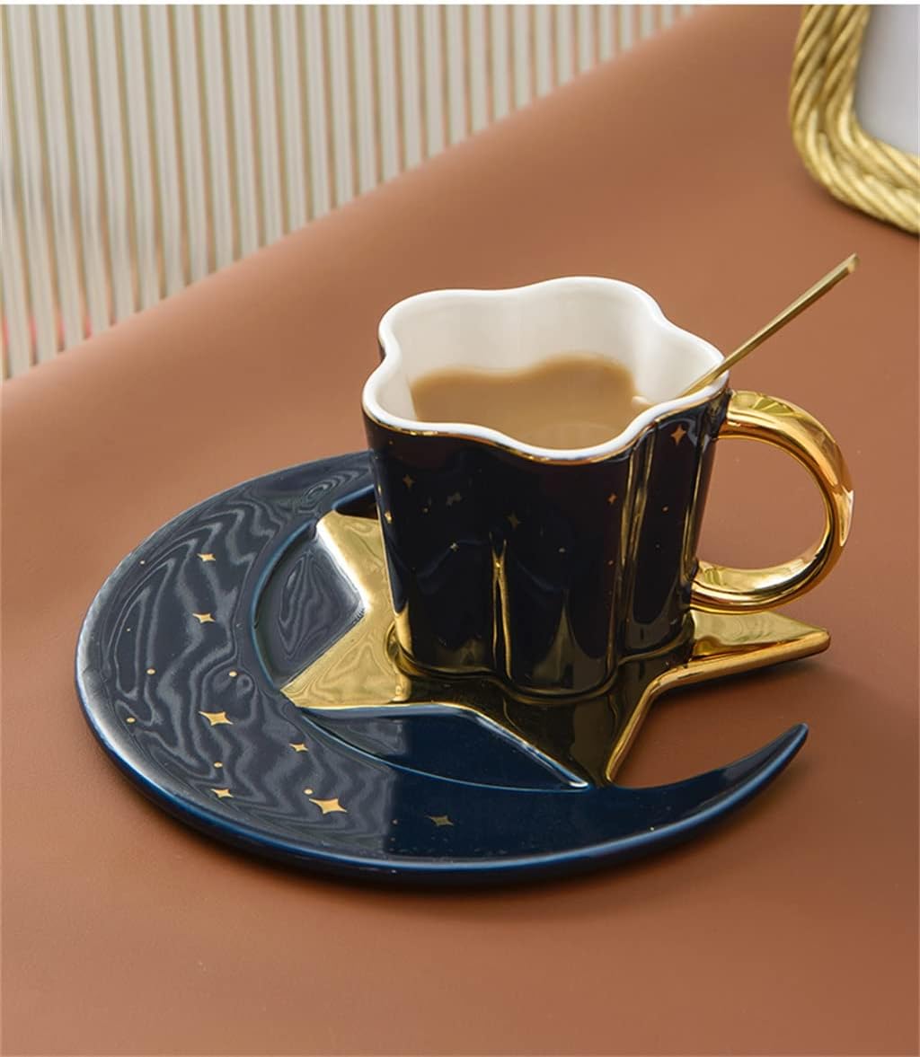 Ceramic Star Moon Coffee Cup And Saucer With Spoon Golden Handle Mug Tea Juice Water Drinks(D)