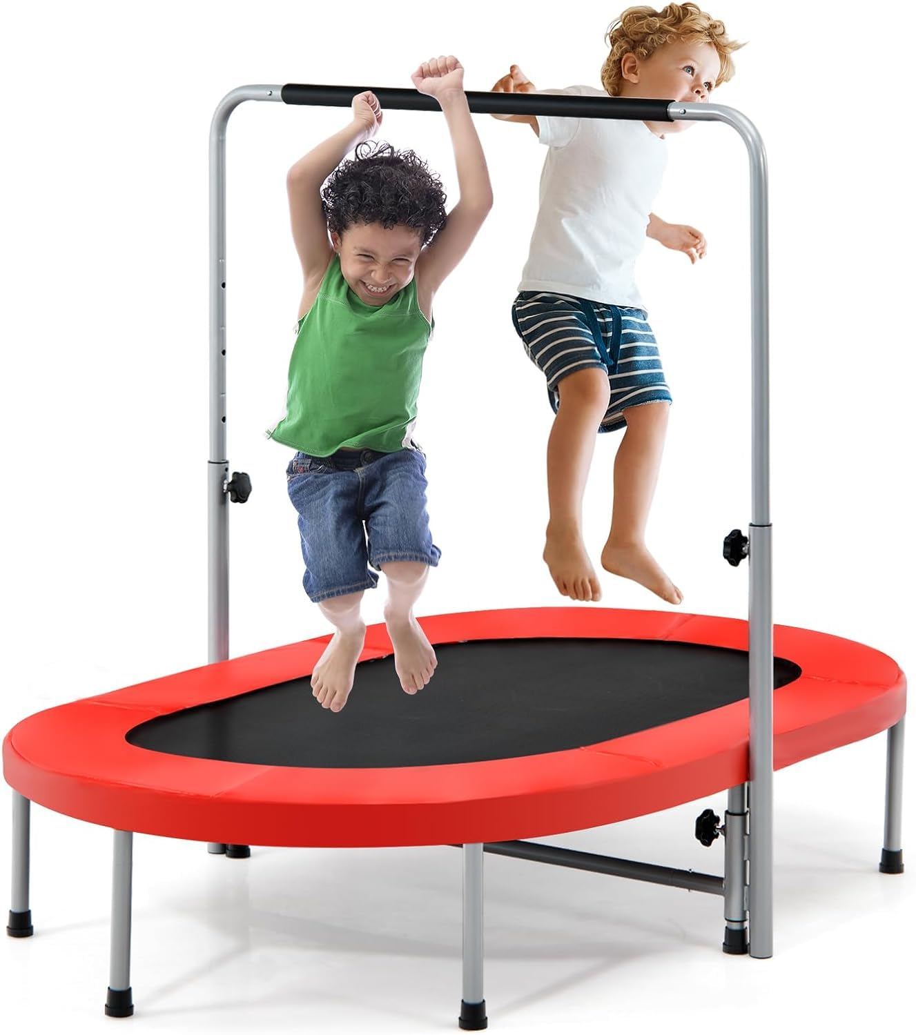 GYMAX Trampolín Plegable para 2 Personas, Trampolín Infantil con Mango Ajustable de 5 Niveles, Cama Elástica para Niños y Adultos, Soporta hasta 150 kg, para Interior y Exterior