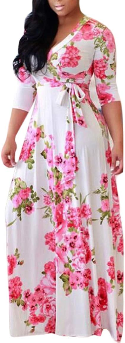 Olens Women 3/4 Long Sleeve Wrap V Neck Floral Printed Long Maxi Dress Plus Size
