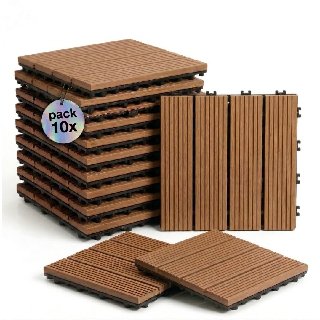 ActivoTex Dalles Terrasse WPC 30x30 cm Lot de 10 – Dalle Clipsable Extérieur Antidérapante, Sol Terrasse Extérieur et Sol Balcon Exterieur Résistant à l’Eau pour Salle de Bain et Douche