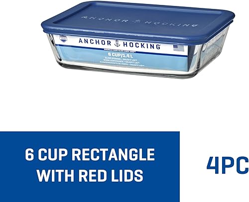 Miniatura 2 de Anchor Hocking SnugFitTM Contenedores rectangulares de almacenamiento de alimentos con tapas (4 piezas, 6 tazas, azul marino, aptos para horno)