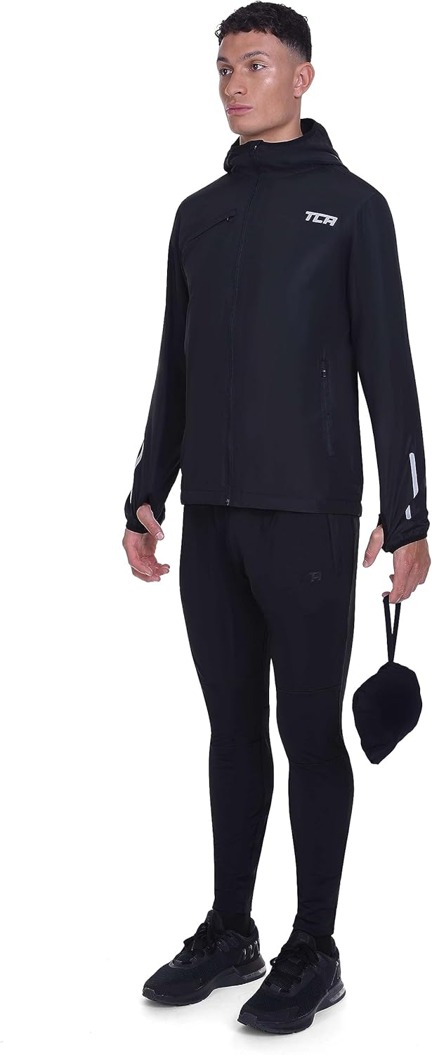 TCA Men's Running Softshell Jacket - Rain Jacket with Hood Waterproof Packable Travel Windbreaker with Zip Pockets