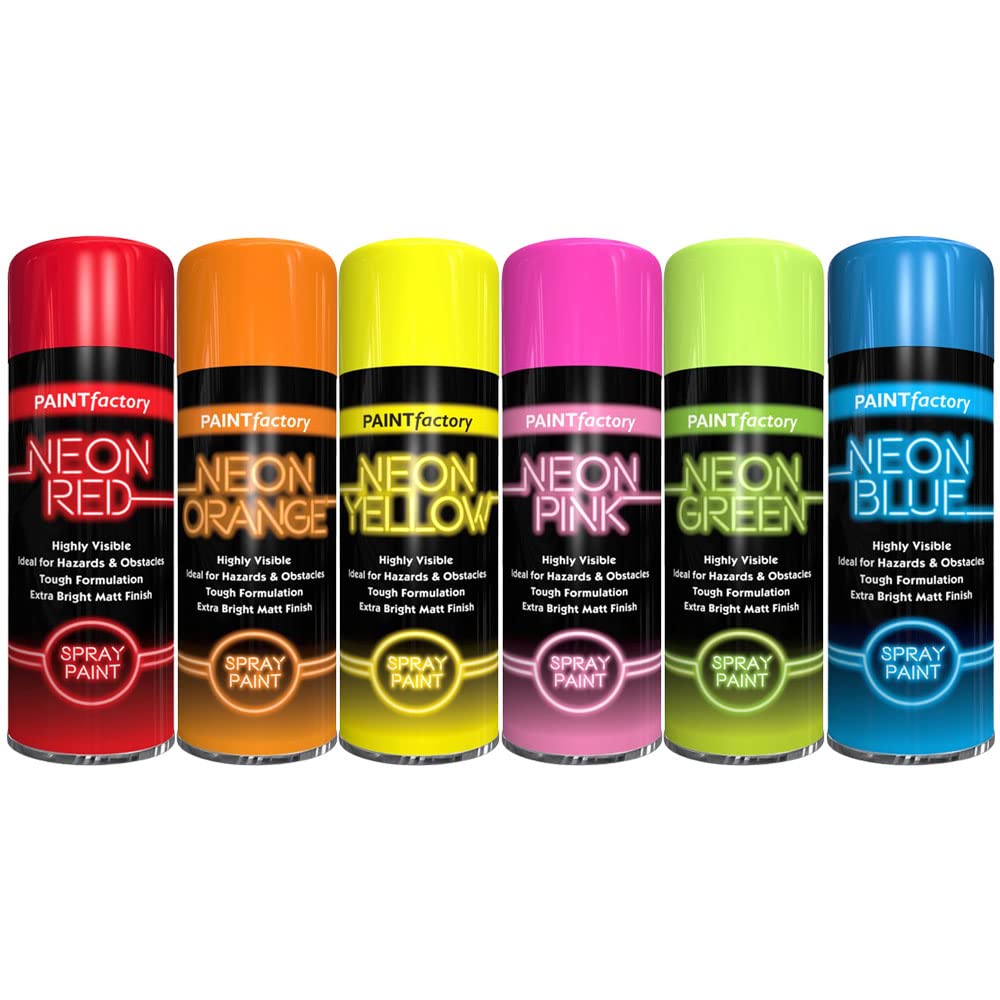 AlezyB - 6 Mix Cans Fluorescent Neon Spray Paint Multipurpose Aerosol DIY Graffiti (Banksey) N0 CFCs Extra Bright Assorted Colours Paint Blue Green Orange Pink Yellow Red 200ml - A4