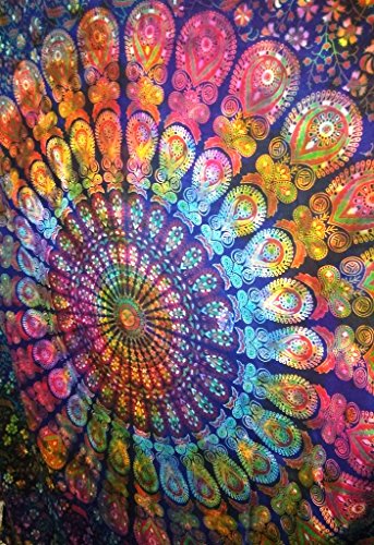 Twin Tie Dye Peacock Feather Indian Mandala Tapestry, Bohemian Wall Hanging, Cotton Bedspread, Boho Picnic Throw, Hippie Beach Blanket #TOP3