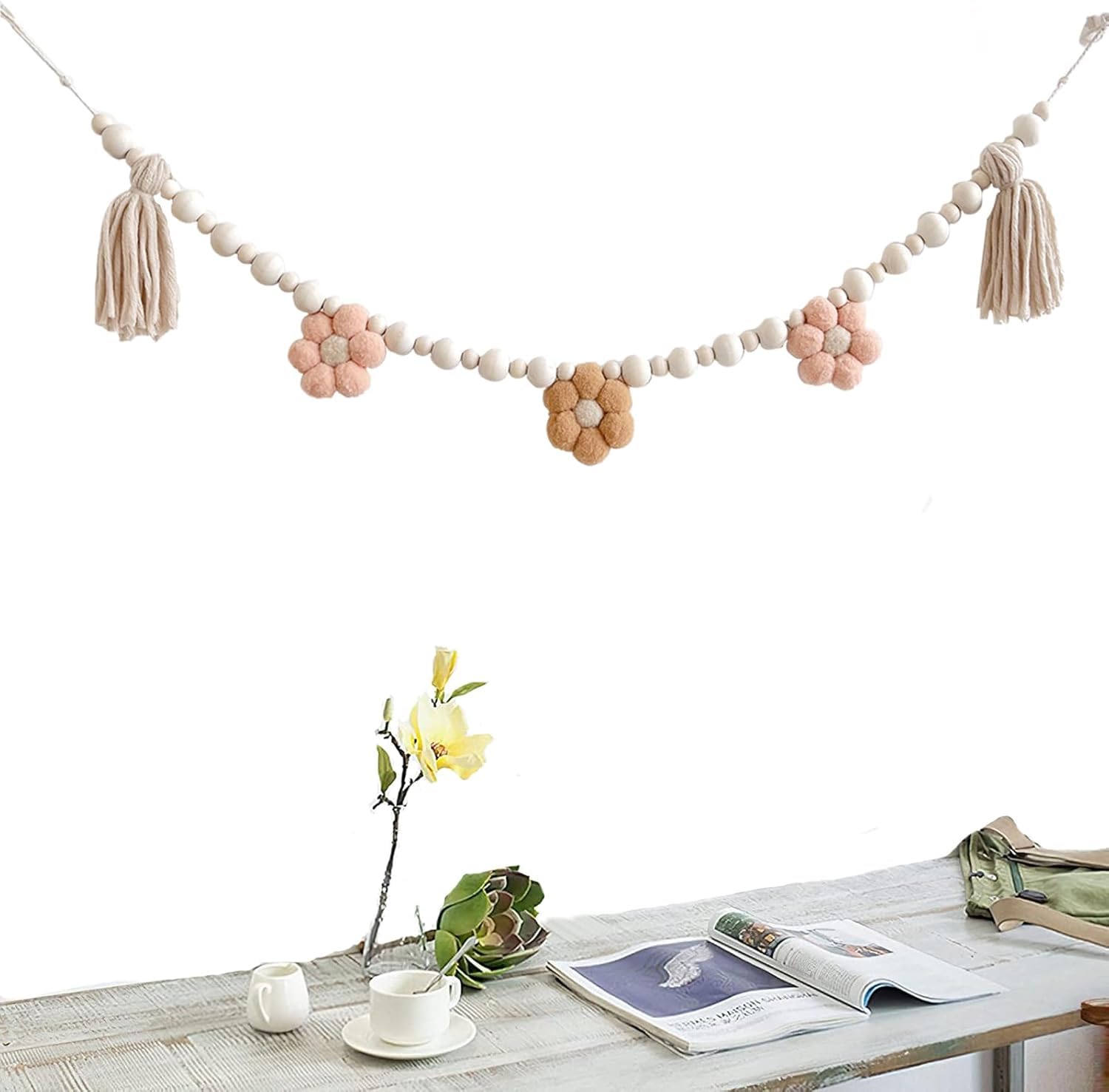 Tazweeq Boho Tassel Garland with Wooden Beads & Felt Flower, Daisy Wooden Tassel Garland Decor, Wall Decorations for Living Room, Home Decor for Kitchen Living Room Entryway